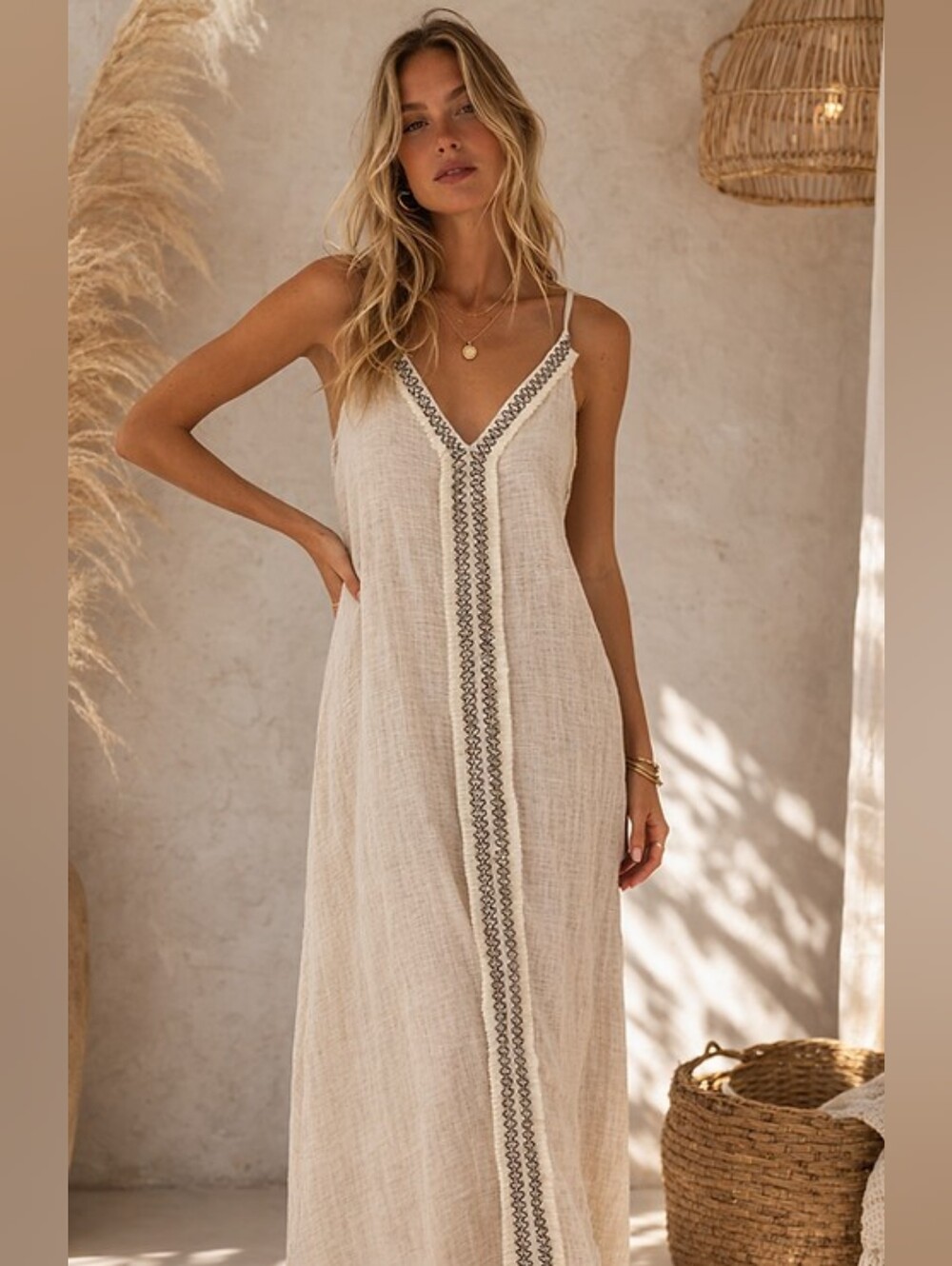 LINTEIS Oatmeal Cotton Hemp Blend Fringe Embroidered Dress